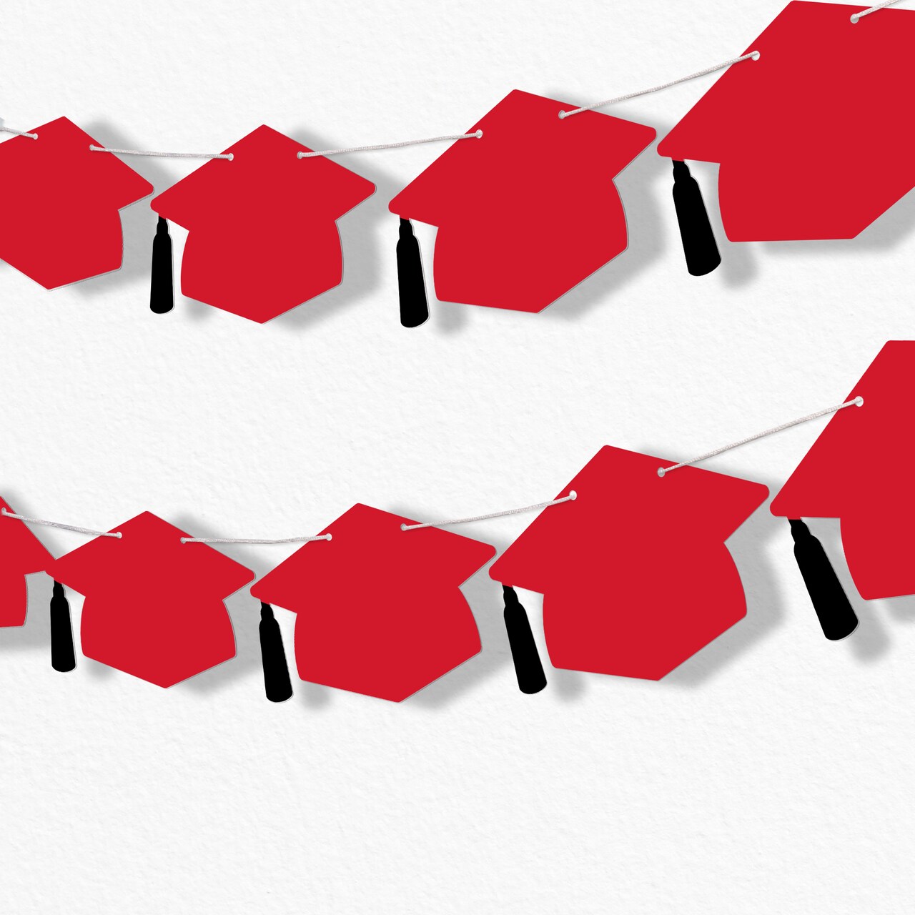 Big Dot of Happiness Red Graduation Cap Garland Banner, Grad Decor, High School or Elementary Photo Backdrop, 10 Feet of Cord, 15 Hats with Tassels